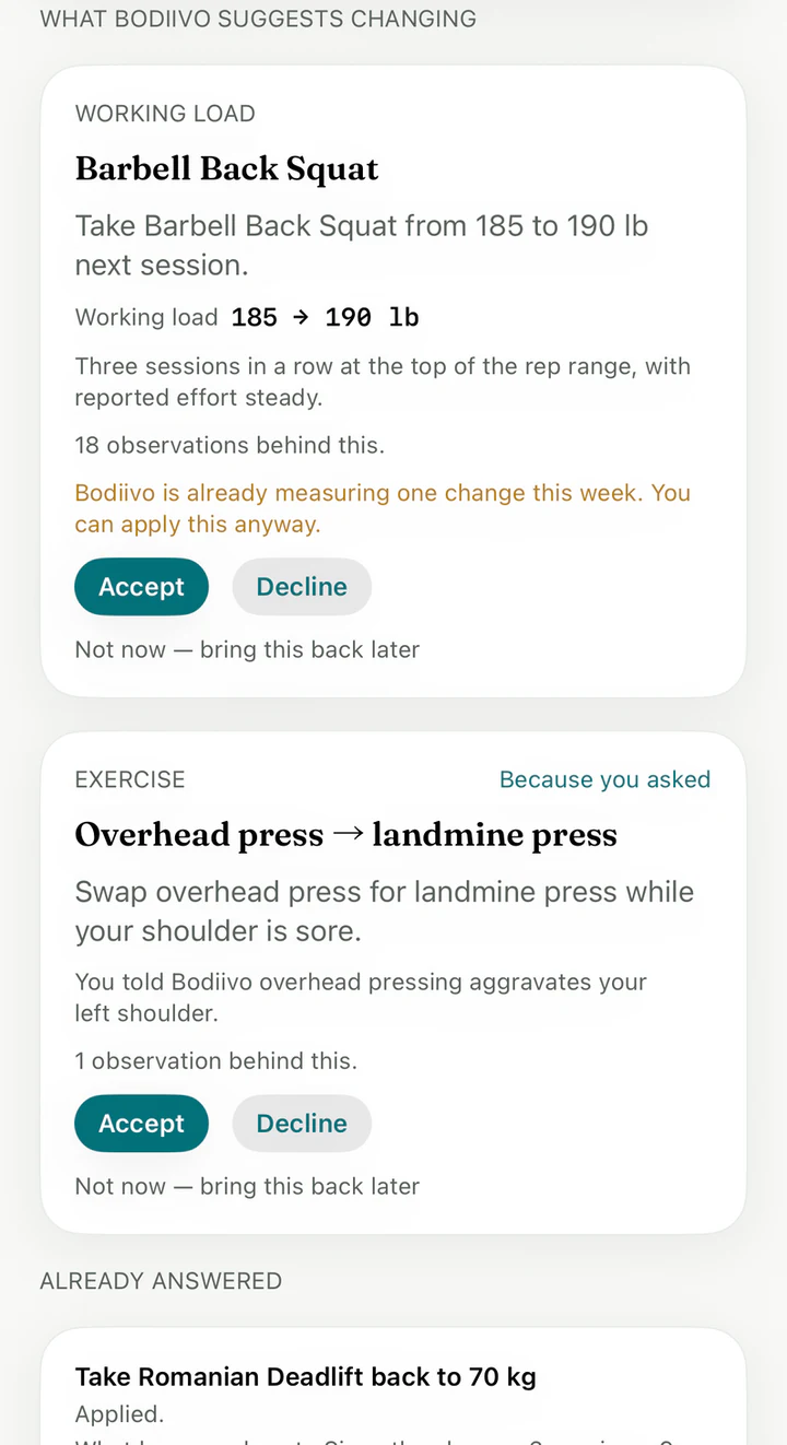 Bodiivo proposal to raise barbell back squat from 185 to 190 lb, with the observations behind it and accept and decline buttons.