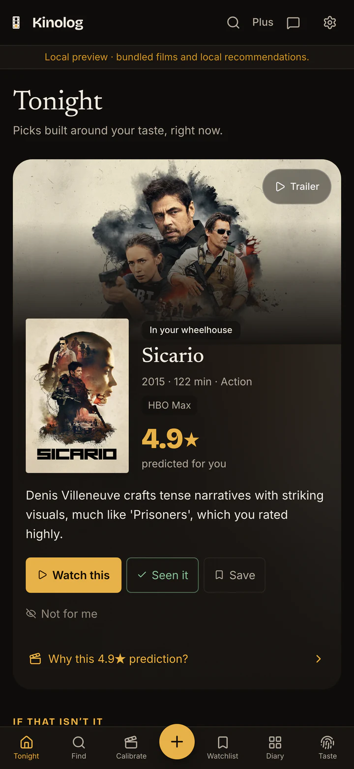 KinoLog Tonight screen recommending Sicario with a 4.9 star predicted rating and watch, seen and save actions.