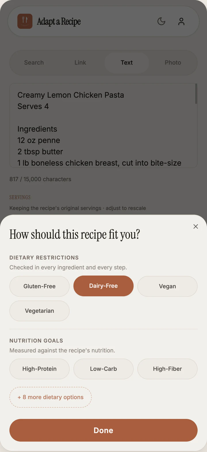 RecipeFix Adapt a Recipe screen with a pasted Creamy Lemon Chicken Pasta and the diet sheet open, Dairy-Free selected, plus nutrition goals.